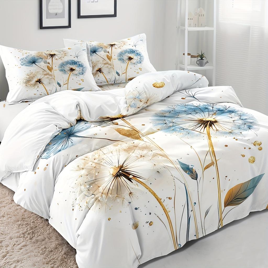 3pcs Golden Foil Dandelion Duvet Cover Set (1 Duvet Cover + 2 Pillowcases, No Insert), Golden and Blue Dandelion Pattern 3D