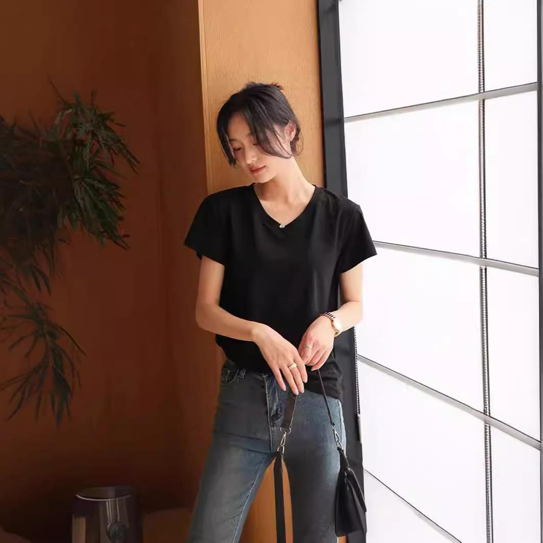 

Женская летняя футболка 2024 года с V-образным вырезом, однотонная белая, с коротким рукавом XL