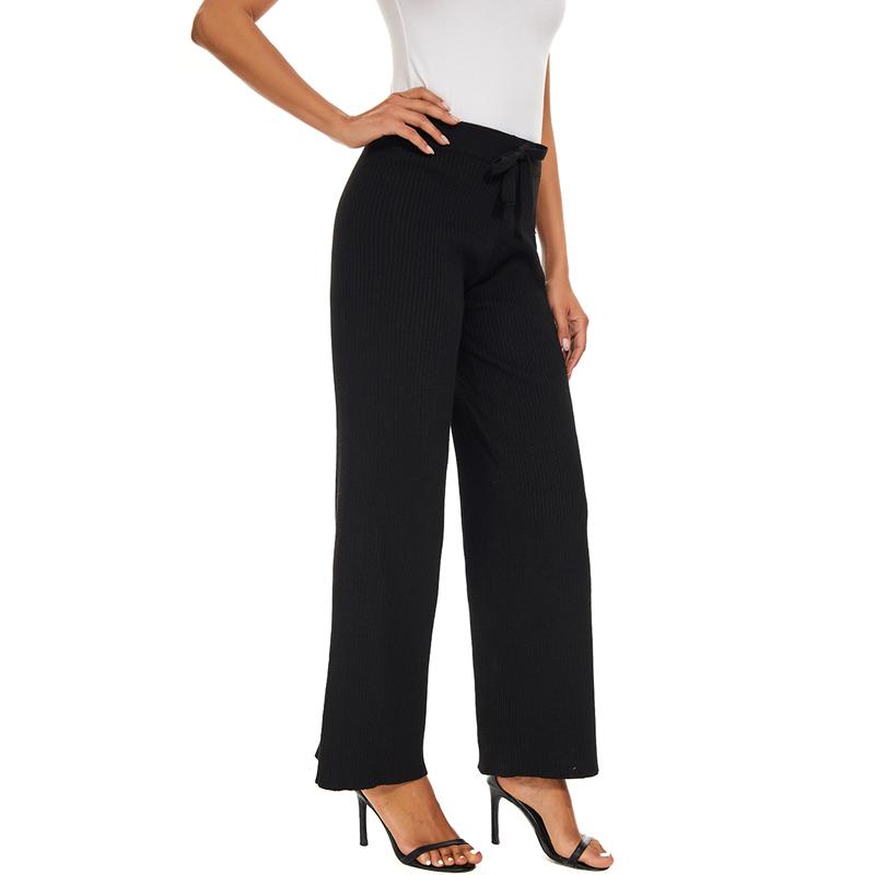 Women Spring Autumn Knitted Wide Leg Pants Solid Long Trousers Elastic Waist Sweatpants