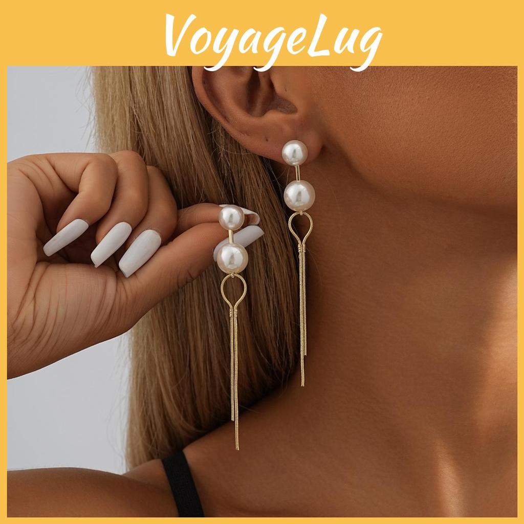 Stylish Pearl Long Earrings For Women Trendy Geometric Chain Dangles