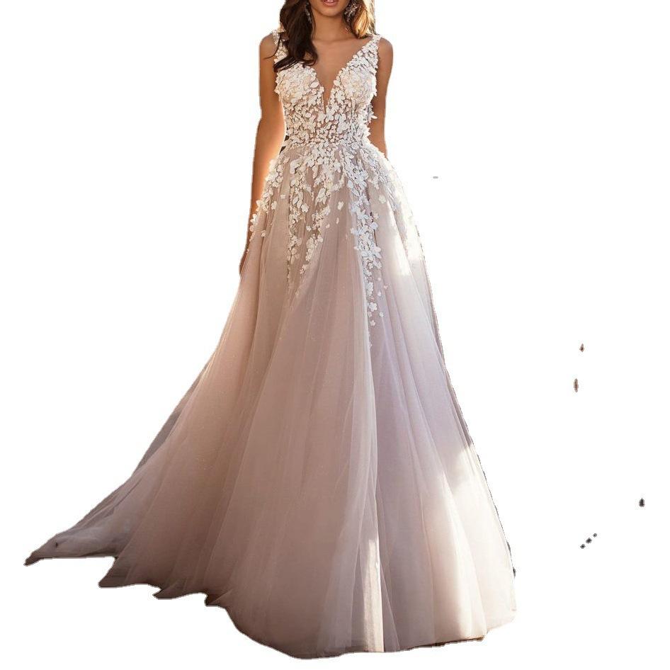 Spring, Autumn, Spring and Autumn New European and American Women's Sexy Lace Dress Sleeveless Deep V-Neck Wedding Dress Embroidered Long Dress