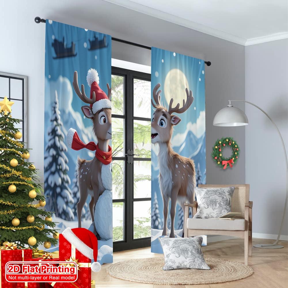 2pcs 2D flat printing Christmas Curtain Christmas Snowman Reindeer Sleigh Fabric Without Electricity 0 for New Year Celebrations