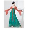 Women's Chinese Classical Dance Costume, Red Green Contrast Color Flowy Chiffon Performance Dress With Long Sleeves