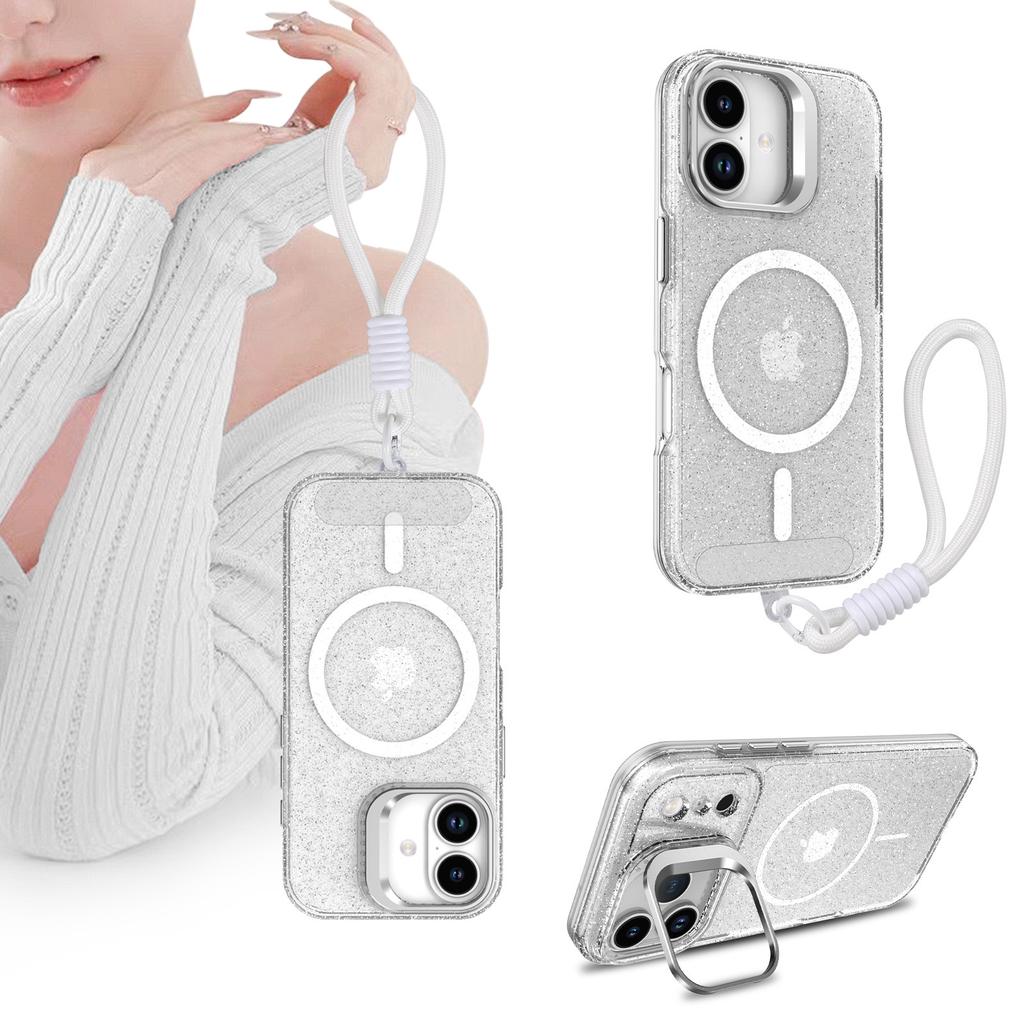 For IPhone 17 Glitter Phone Case PC Transparent Magnetic Bracket for Apple 15 Anti Drop Protective Case 13 with Hanging Rope