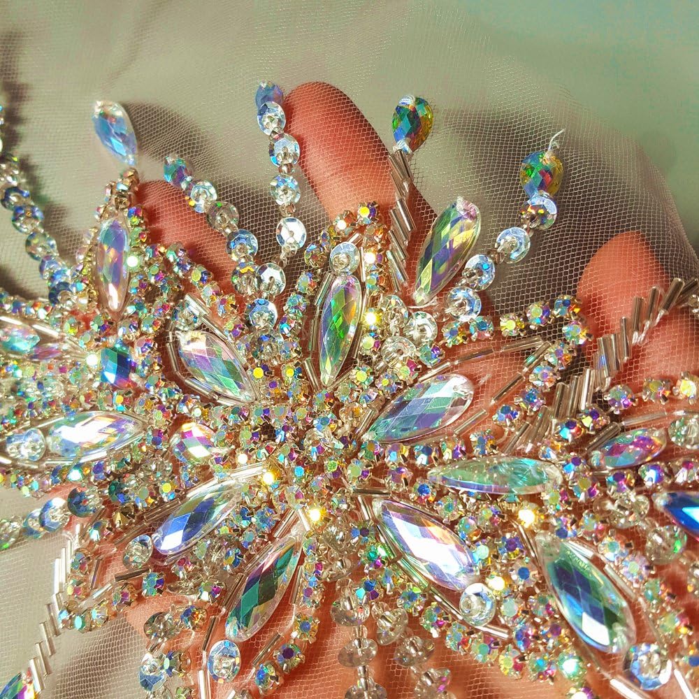 Exquisite Uniquely Pure Handmade AB Colour Bright Crystal Patches Sew-on Rhinestones Applique with Stones Sequins Beads for Wedding Dress DIY Manual