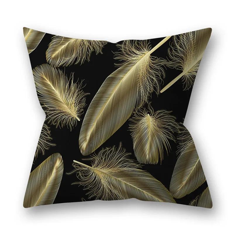 45x45cm Golden Feather Black Pillowcase Custom Leaves Plants Cushion Cover Sofa Living Room Home Decor Square Pillowslip