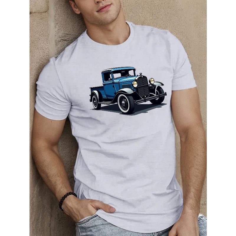 

European sizes [Everyday Comfort] Men S Vintage Blue Pickup Truck Graphic T-Shirt - Casual Short Sleeve Summer Top with Classic Car Design 4XL білий