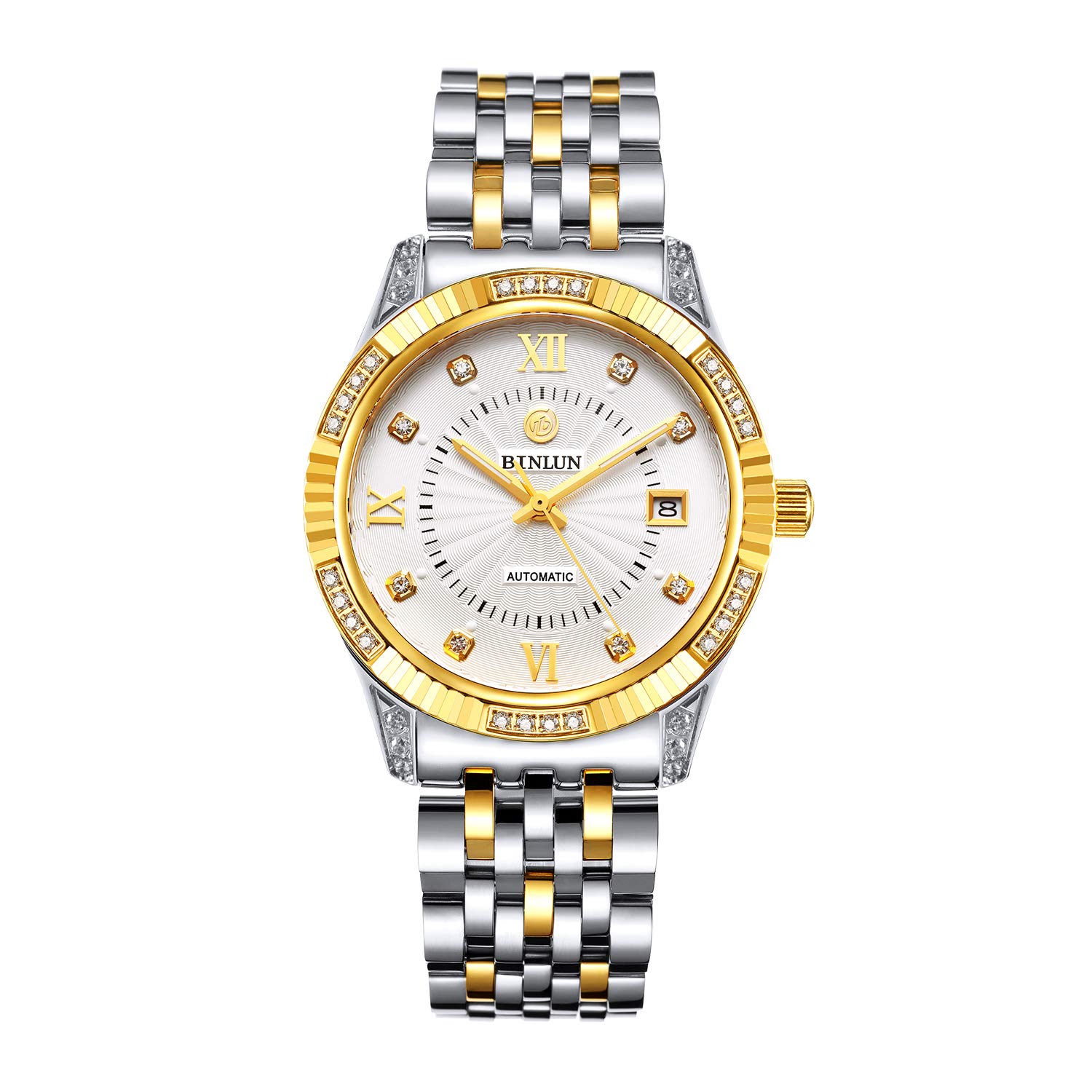 

Мужские автоматические механические часы BINLUN со светящимся индикатором даты и бриллиантовыми акцентами, простой, элегантный и стильный дизайн (Серебряный)