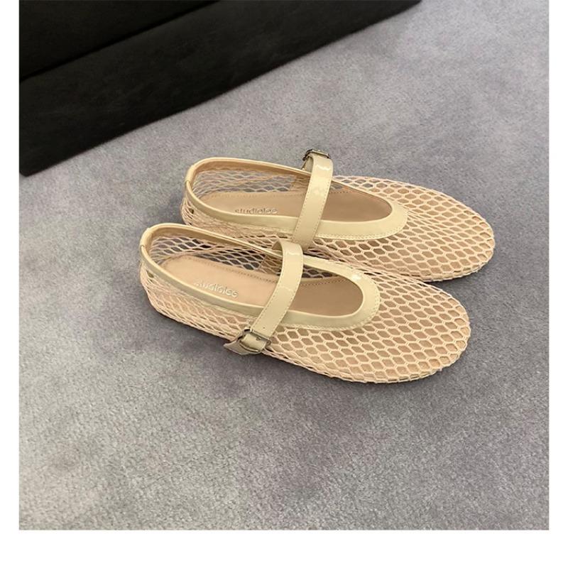 Sheepskin version hollow single shoes fishing net sandals women's summer wear versatile one-word belt Mary Jane shoes