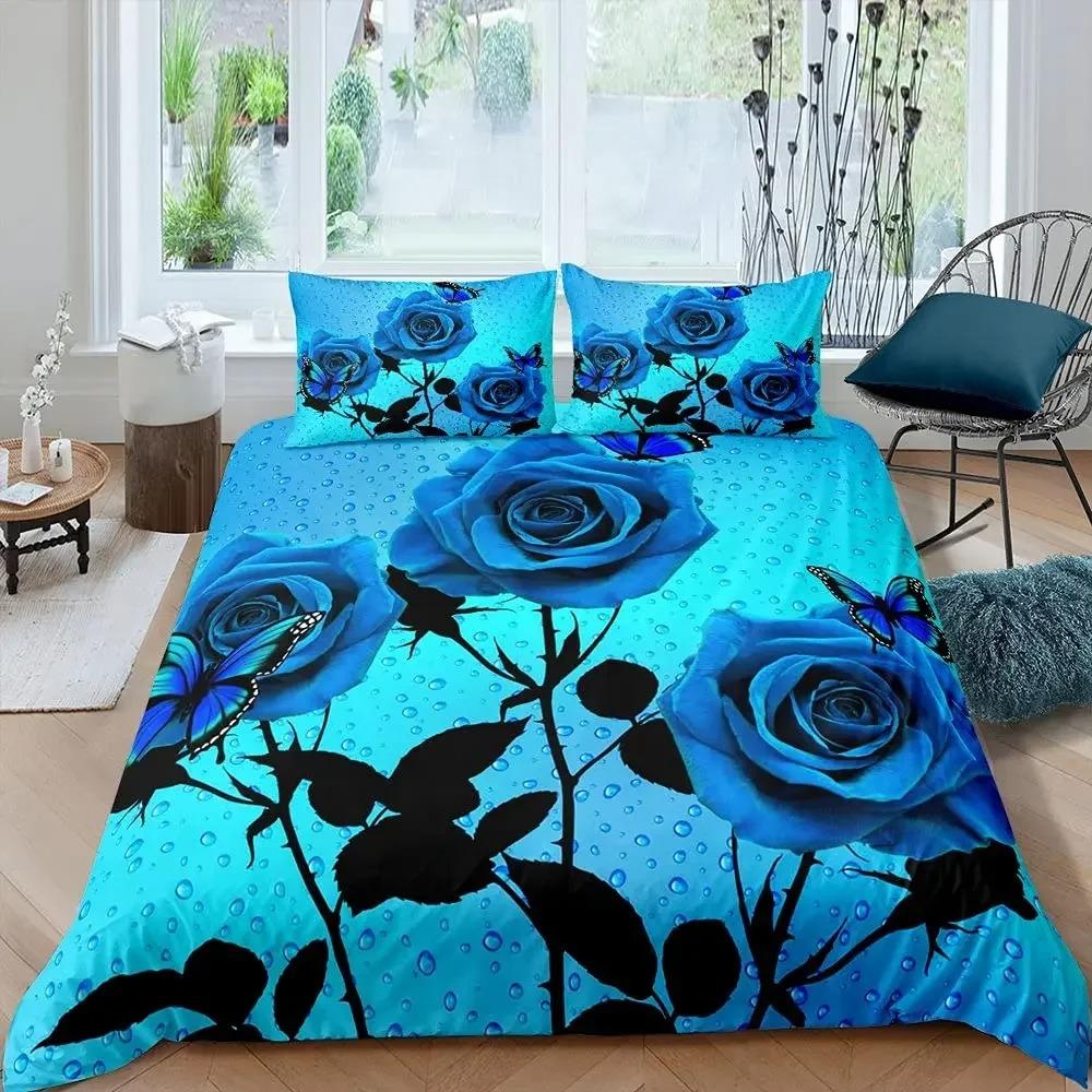 Blue Rose Floral King Queen Duvet Cover 3D Blossom Flowers Bedding Set Valentine's Day Quilt Cover Botanical Comforter Cover