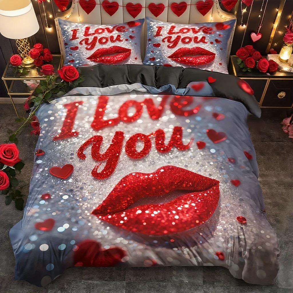 Valentine'S Day Duvet Cover Set Romantic Red Love Heart King Queen Twin Single Size 228X228 For Couple Bedroom Decor Gift