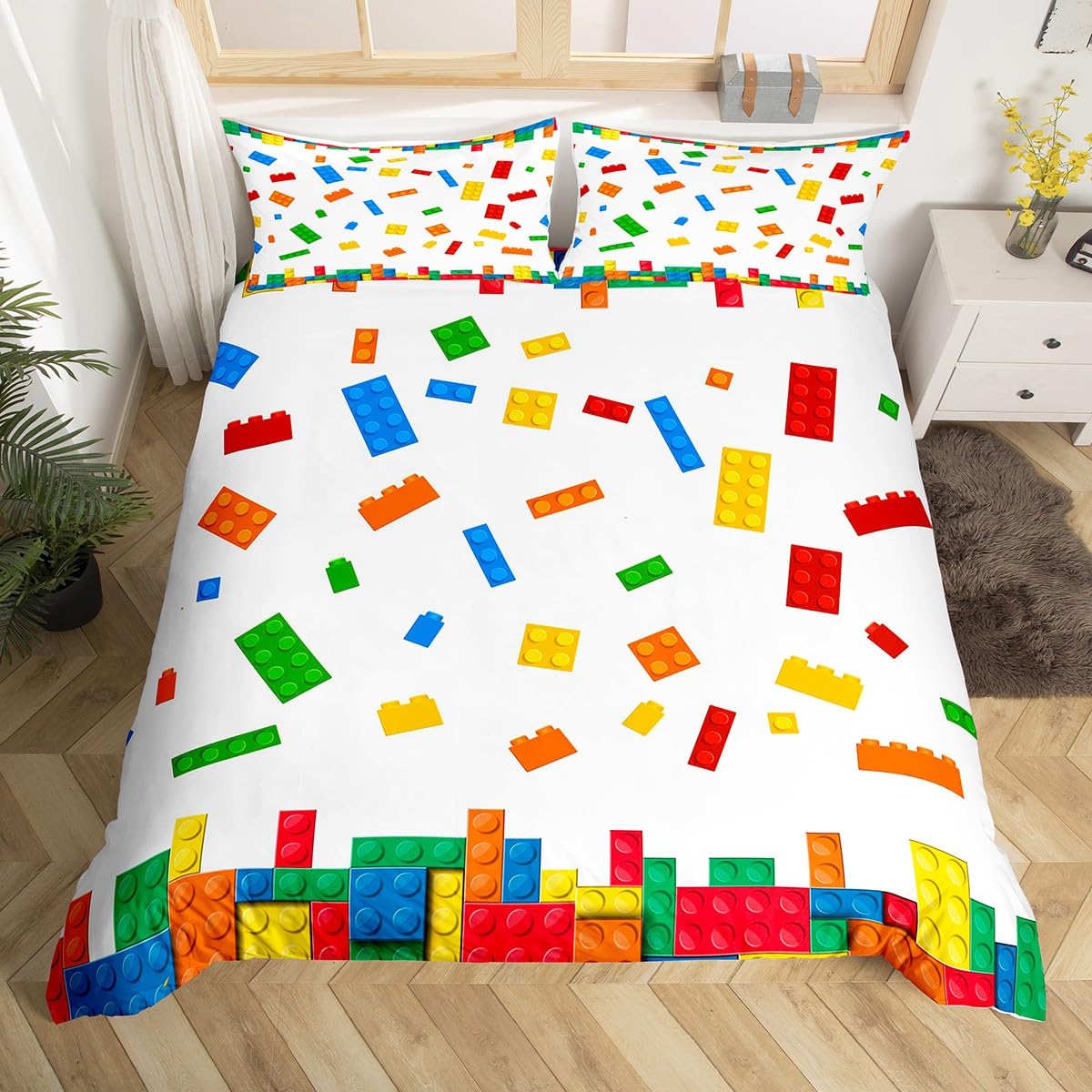 

Постільна білизна З днем ​​народження з 3D-блоками, підодіяльником Single Queen , барвистим будівельним матеріалом, з 2 наволочками AU Single(140x210cm)