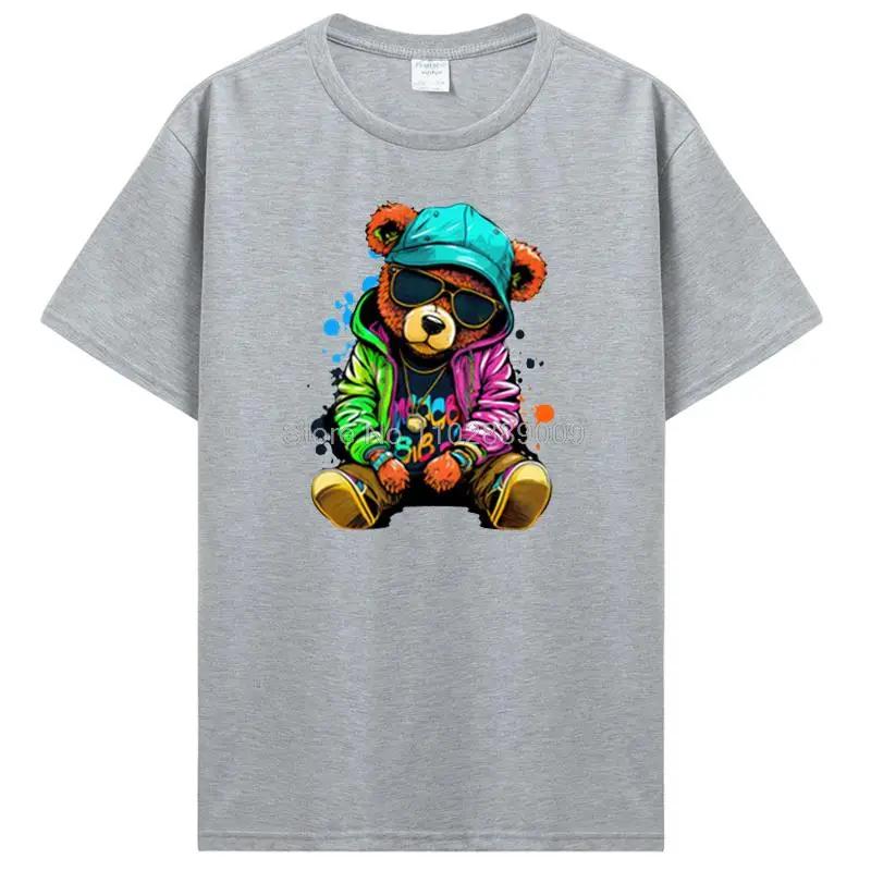 Teddy Bear Playing Badminton T-shirt Cotton Clothing Tops Graphics Kawaii Men Women Short Sleeve Print TShirt Tees Women Men