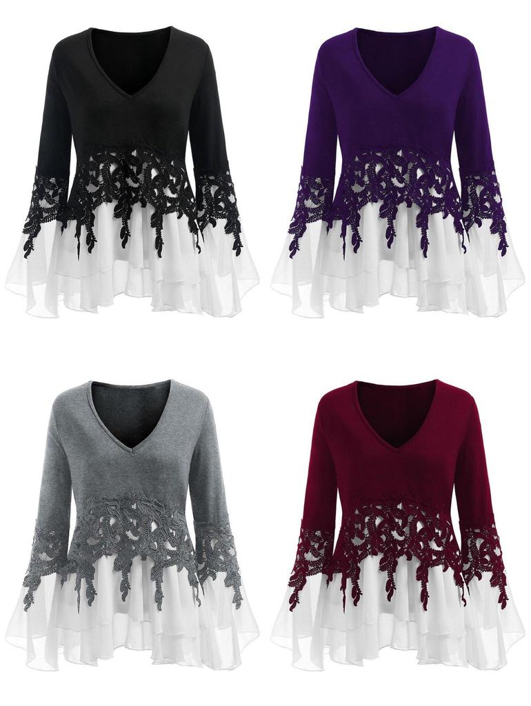 Elegant Women Ladies Long Sleeve V Neck Patchwork Tunic Tops For Casual Comfort