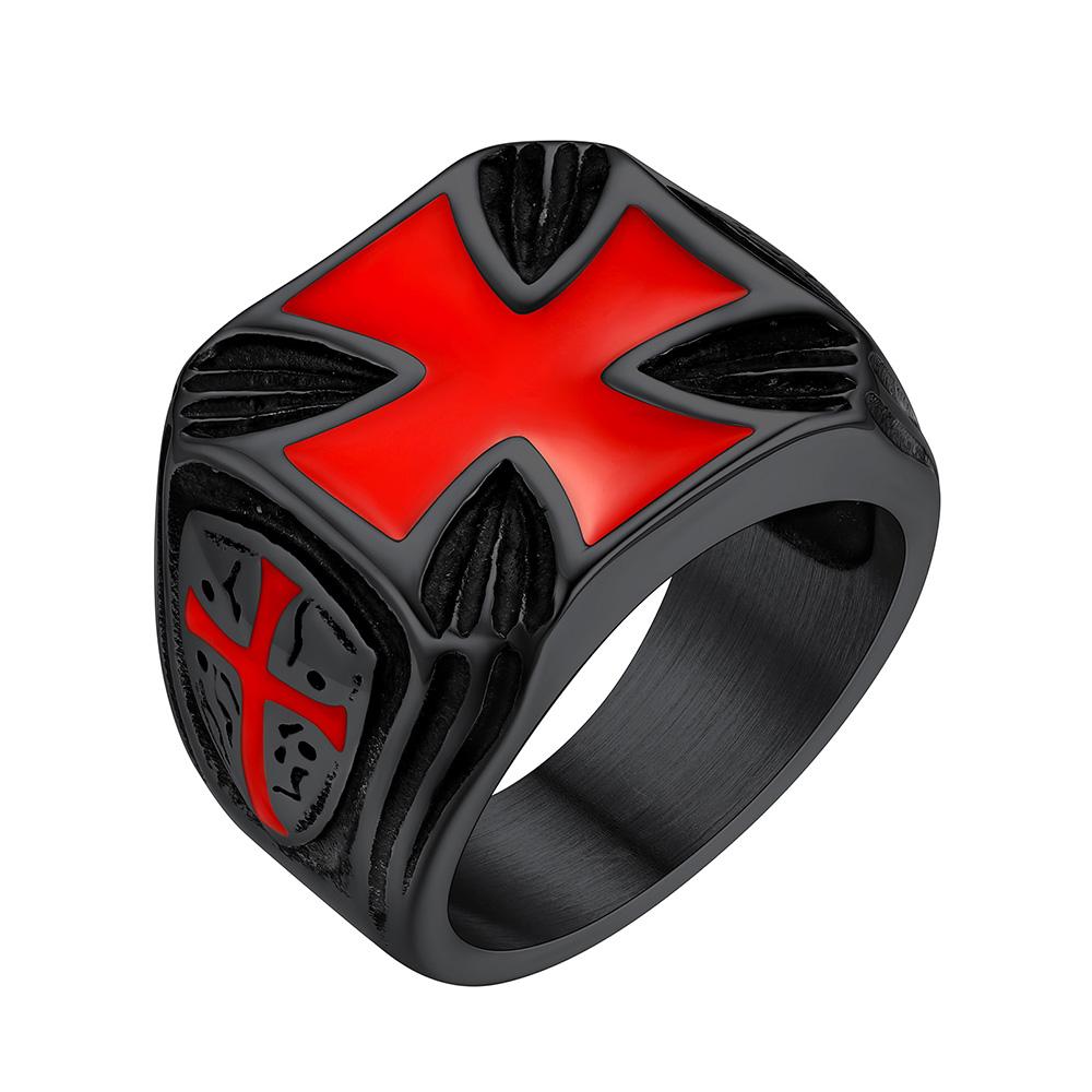 

U7 Stainless Steel Square Knight Templar Rings Black Red Glaze Cross The Temple of Solomo Signet Ring Vintage Style Jewelry Gift 13