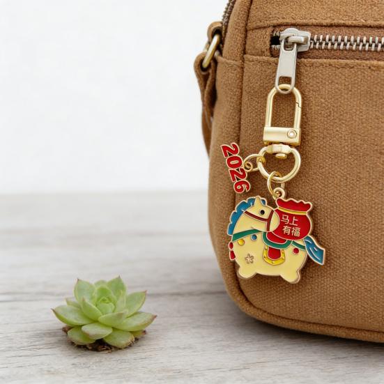 Keychain Pendant with Metal Spring Buckle Colorful Enamel Year of Horse 2026 Key Chain Blessing Rich Peaceful Keyring New Year Gift