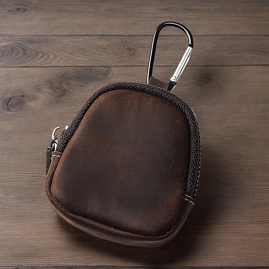 

Винтажный кошелек для монет из кожи Crazy Horse, маленький держатель для монет и ключей, кармашки на молнии, сумки для хранения Bluetooth-наушников темный кофе