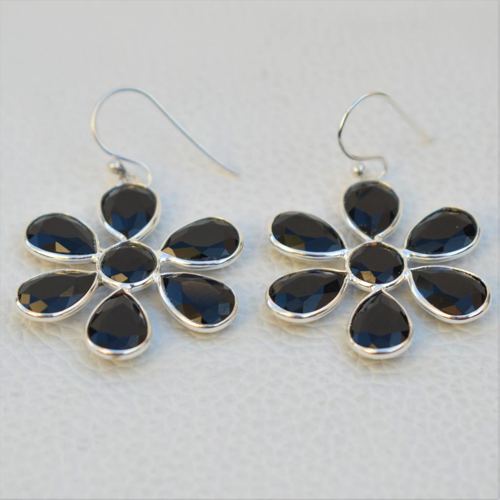 Faceted Black Onyx Earrings, Flower Design Earring, 925 Sterling Silver Handmade Earring, Gift for Her, December Birthstone