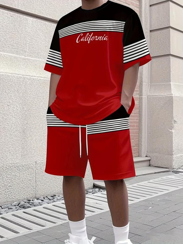 Simple Men's T-shirts Shorts 2-piece Set Minimalist Casual striped Sports Short Sleeve Shorts Set Holiday Men's Clothing