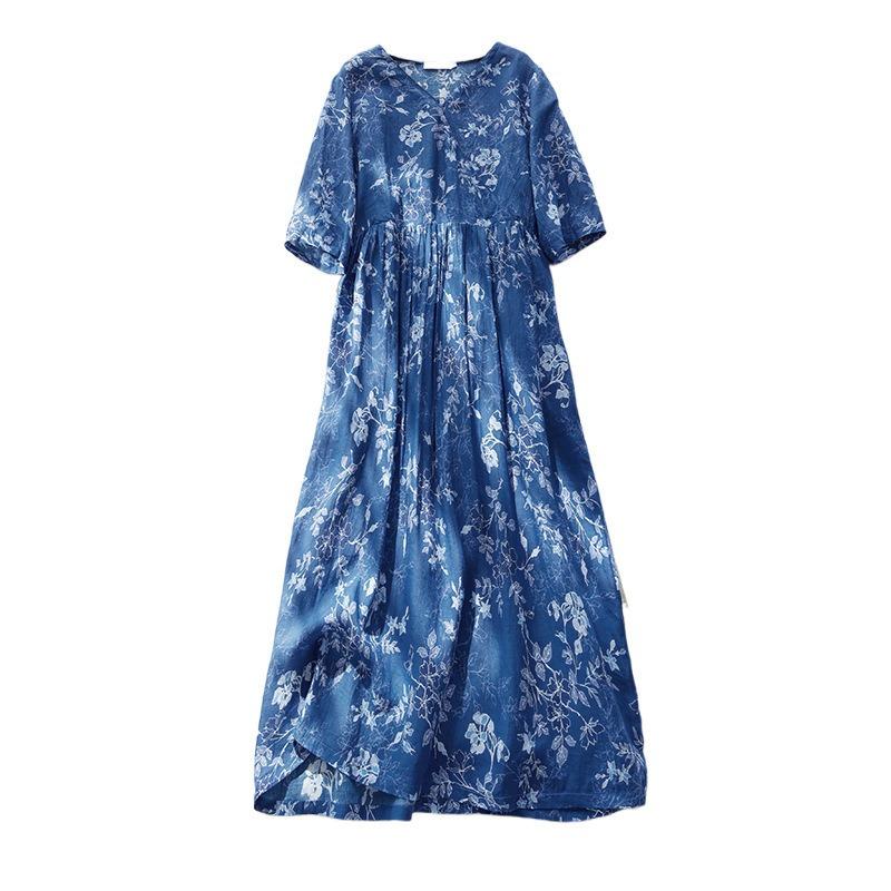 Real Shot Summer New V-neck Dress Printed Over The Knee Loose Retro Blue Flower Skirt Women's Clothing