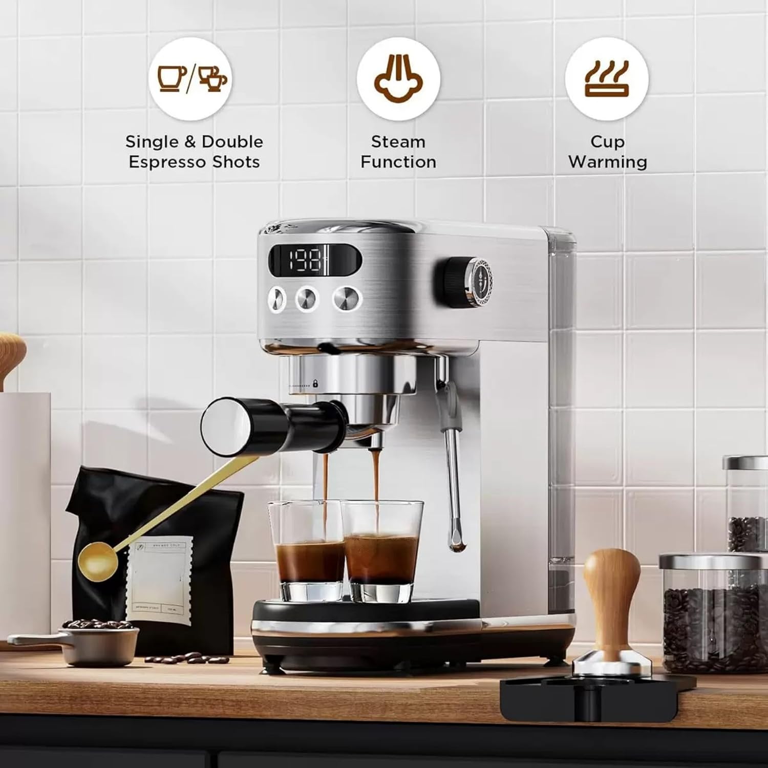 20 Bar Semi-Automatic Espresso Machine Stainless Steel Coffee Maker with Steam Wand Pre-infusion LED Display