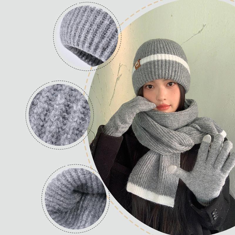 Vinterstrikket ullhatt Dame Kaldsikker Varm Hatt Skjerf Hansker Tredelt Ørebeskyttende Hatt