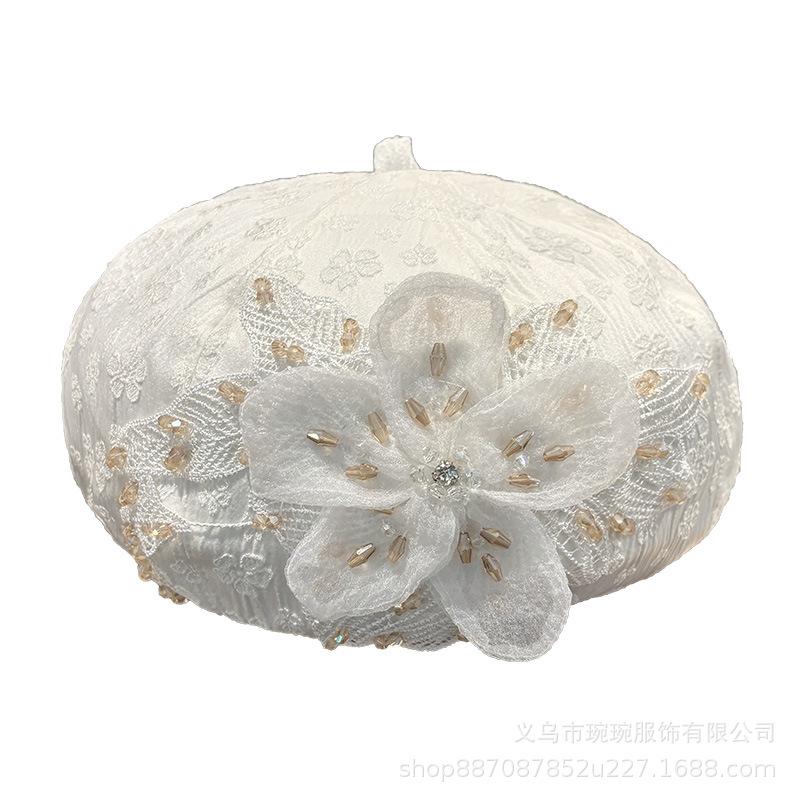 Lace rhinestone flower beret children summer thin mesh versatile painter hat big head circumference newsboy hat