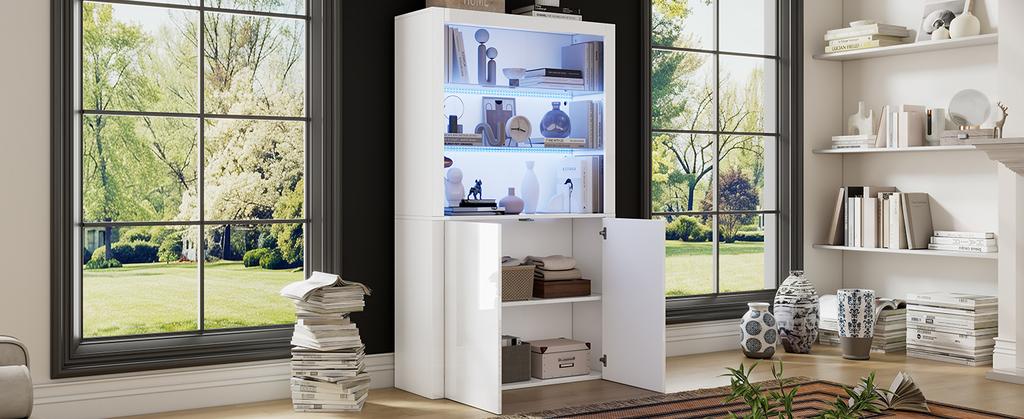 Sideboard de sofá de 100 x 35 x 170 cm, armário de arrumação de alto brilho com luzes LED, camada de exposição em vidro temperado, armário alto vertical para a sala de estar