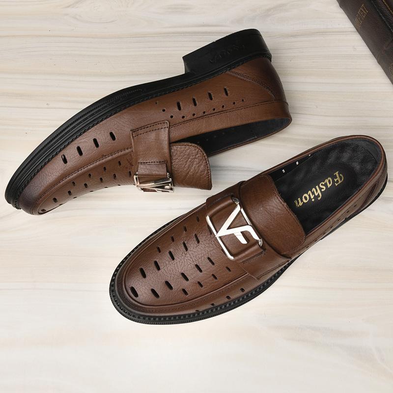 

Men s shoes 2025 summer retro British style men s hollow small leather shoes breathable and comfortable one-pedal driving casual shoes 44 хакі