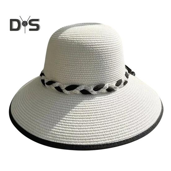 Sommer-Sonnenhut mit breiter Krempe, geflochtenem Seildekor, Strandhut, UV-Schutz, größenverstellbar, Schweißbänder, Damen-Strohhut