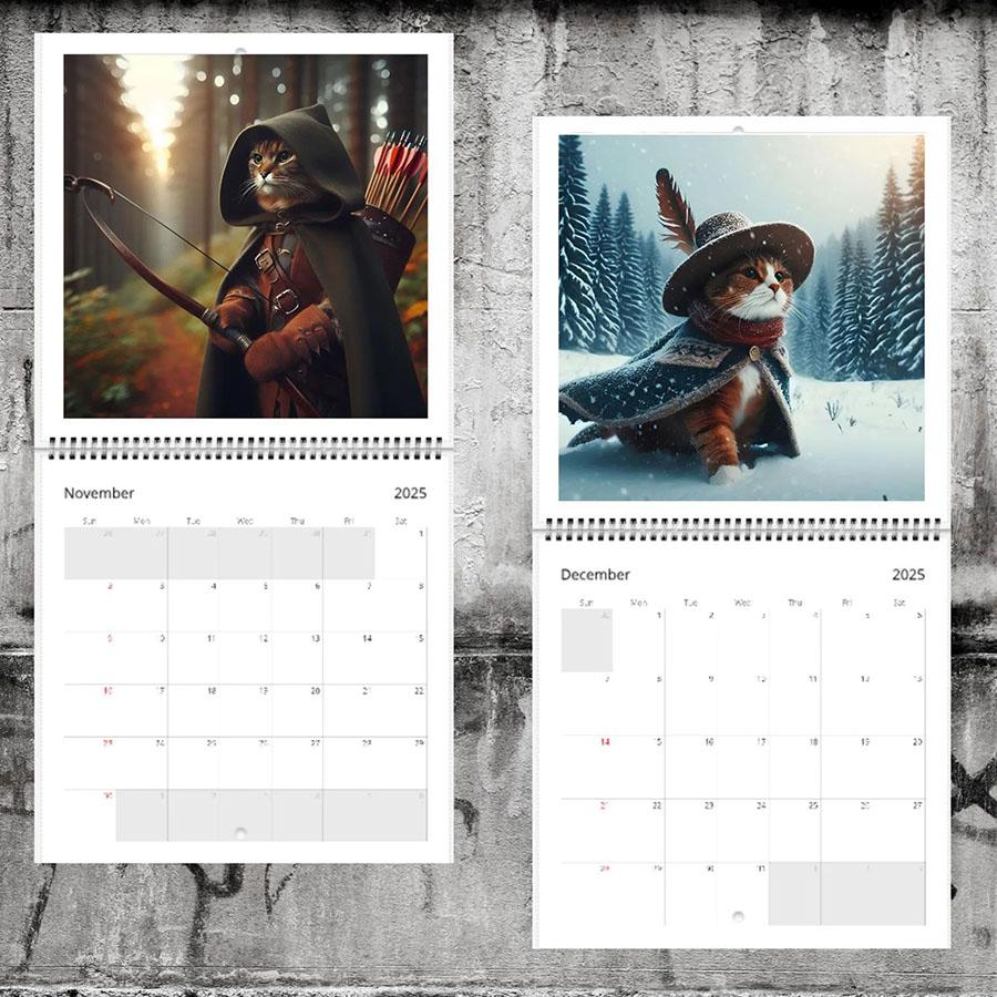 1pc 2025 Medieval Adventure Cat Calendar - Monthly Wall Hanging Planner with Artistic Feline Characters,  and Living Room Decor