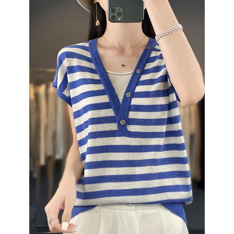 V-neck Striped Color Matching Thin Short-sleeved Womens Summer Latest Relaxed Fit and Thin Pullover Short-sleeved