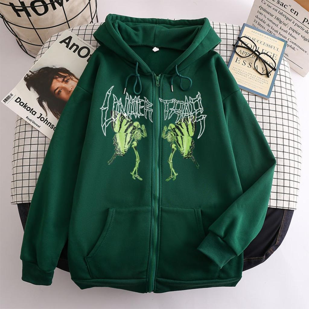 Women's Hooded Zip Up Loose Fit Long Sleeve Printed Butterfly Casual Cardigan Sweatshirt Jacket