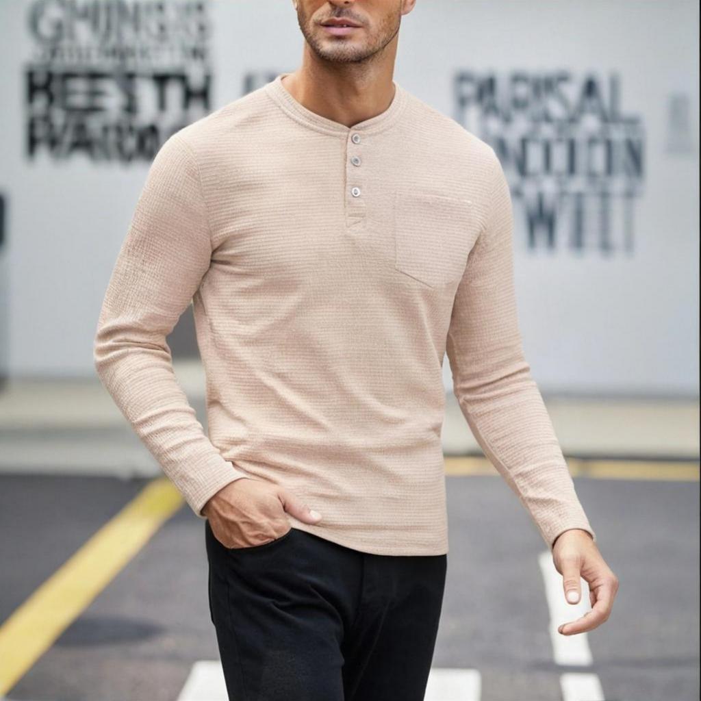 Men's Casual Sports Long-sleeved Shirt, Men's Round-neck Button-up Top