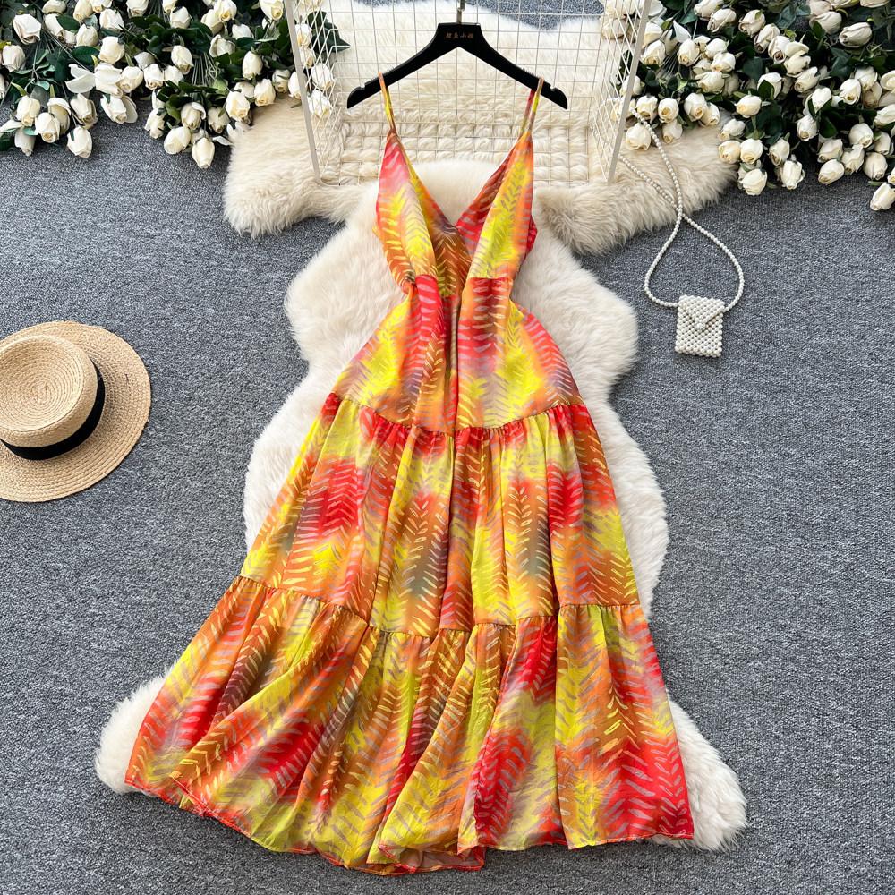Vacation Style V-neck Neck Suspender Dress Women's Summer Sleeveless Sexy Waist Thin Printed Dress