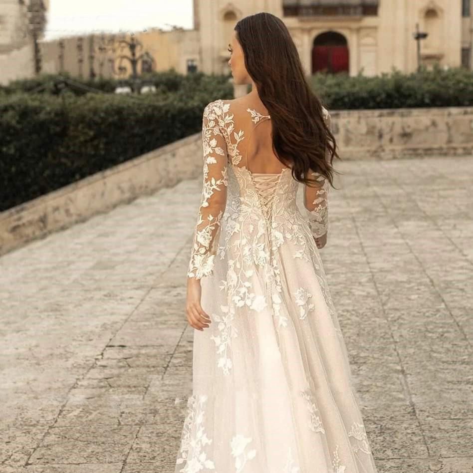 Long-sleeved Wedding Dress Mori Spring and Autumn New Bride Simple Round Neck Slim Perspective Travel Photo Trailing Soft Yarn Thin