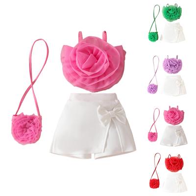 Summer Girls Three-dimensional Flower Suspender Bow Short Skirt Small Bag Set