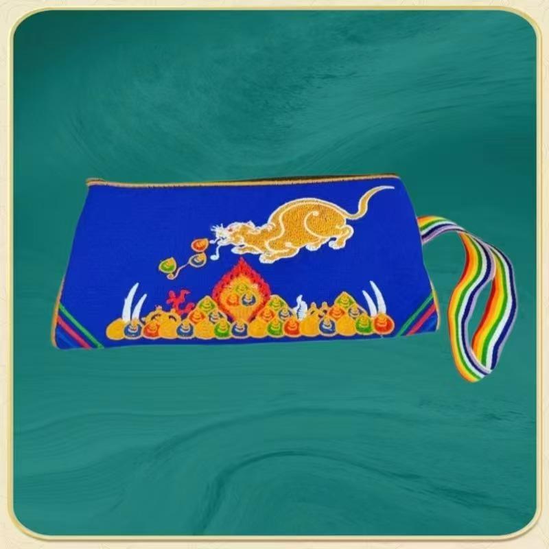 

Tibetan-style Embroidered Canvas Bag/Large-capacity Double-layer Clutch Bag Storage Mobile Phone Cards Keys Buddhist Decoration синий
