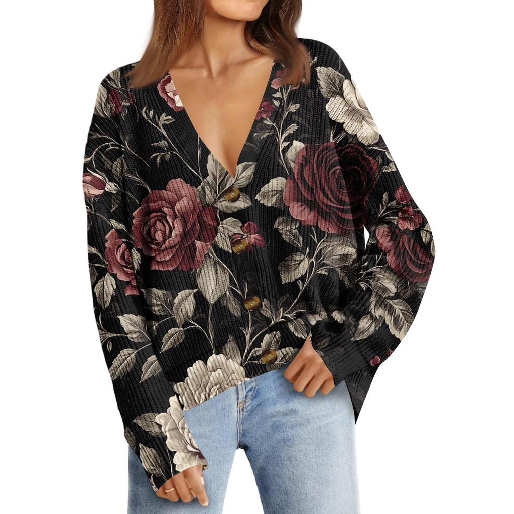Women's Fashion Long Sleeve Print V-Neck Button Loose Cardigan Top