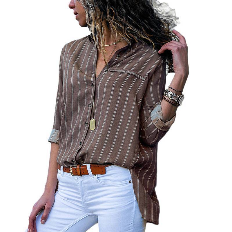 Women Autumn Striped Floral Long Sleeve Button V Neck T Shirt For Casual Chic