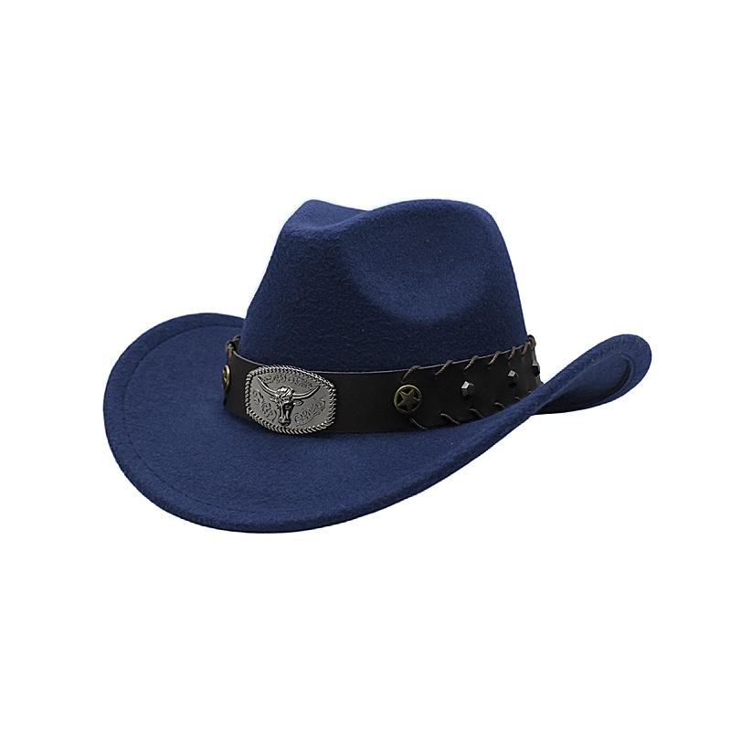Men Western Cowboy Star Decoration Fedora Hat Large Brim Upturned Travel Versatile Sunshade Hat With Bullhead Design