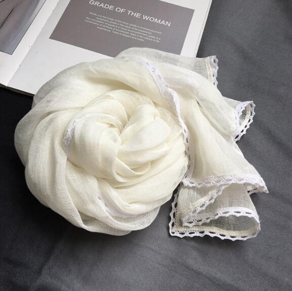 Spring And Autumn Thin Pure Linen Scarf Lace Design Pure White Scarf Ladies Summer Scarf Linen Outdoor Scarves
