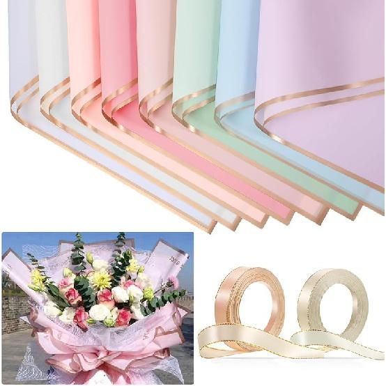 Tenare 20 Pcs Waterproof Floral Wrapping Paper Sheet Flower Bouquet Packaging Paper and Satin Ribbon for Wedding Birthday Party Class of 2025