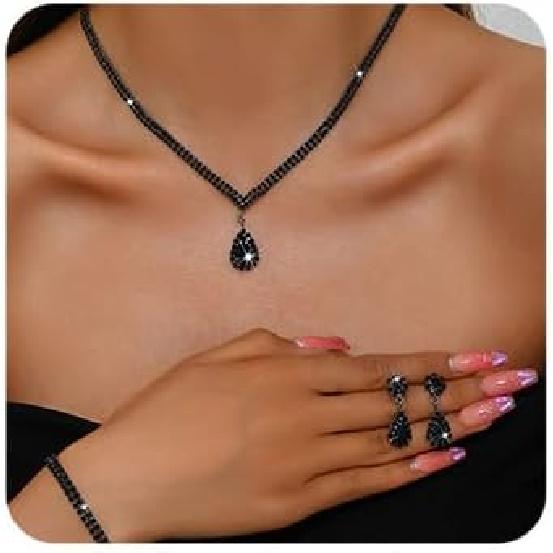 

Octwine Серебристо-синий черный стразы Свадебный набор колье и серег Свадебное колье из стразов Серьги-подвески Наборы браслетов для невест и подружек невесты чёрный