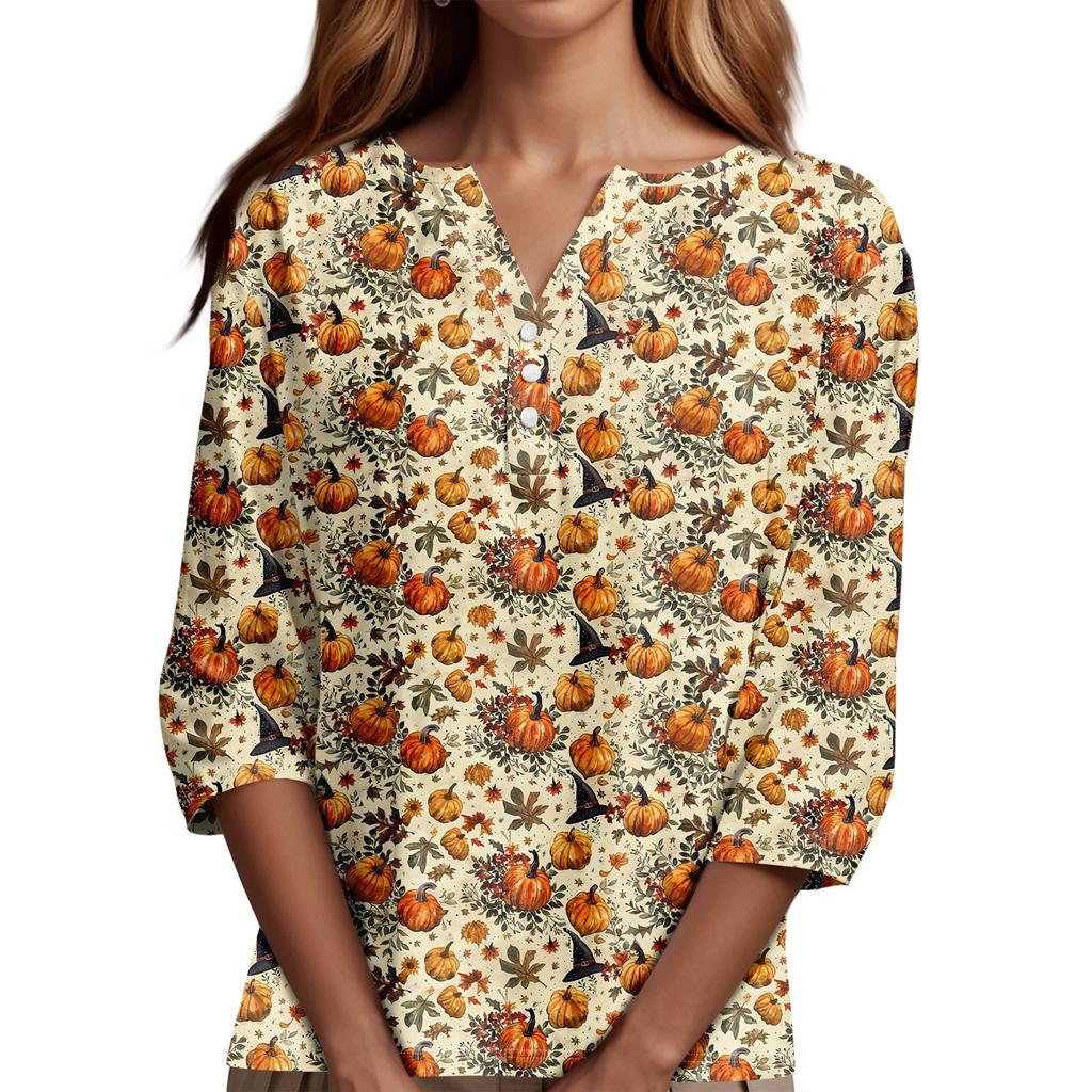 Damesmode Casual Halloween Print V-hals Korte Mouw Decoratieve Knop Driekwart Mouw T-shirt Top