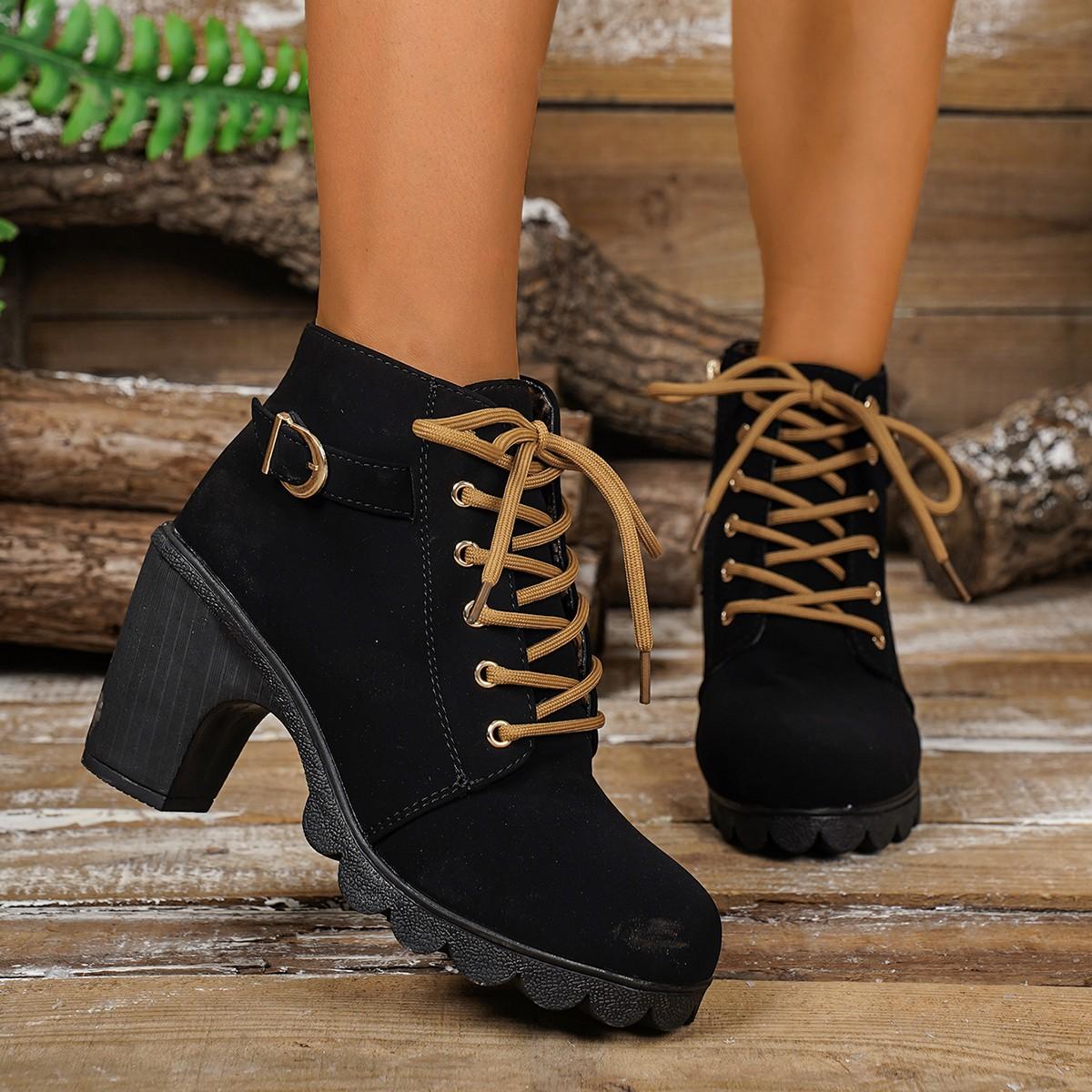 

Fashionable New Comfortable Sexy High-heeled Women s Boots Sell Well in Winter Elegant Lace Up Casual Thick Soled Short Boots 35