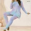 Women Plus Size Two Piece Set Round Neck Long Sleeve Colorful Printed Longline Top Fitted Pants