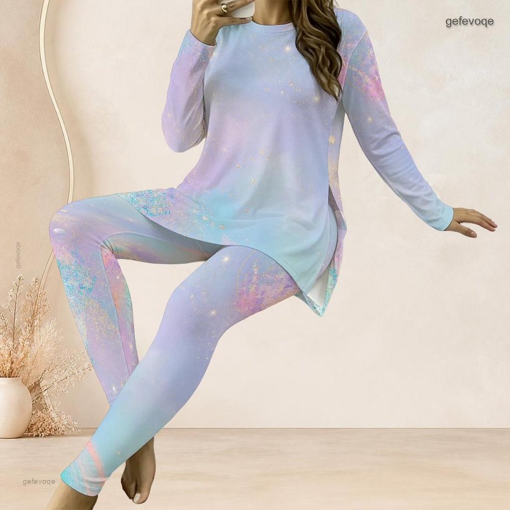 Women Plus Size Two Piece Set Round Neck Long Sleeve Colorful Printed Longline Top Fitted Pants