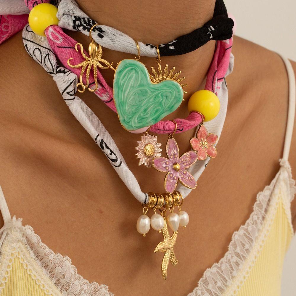 Personality Flower Scarf Chain Necklace Ethnic Style Ocean Series Necklace Nylon Rope Choker  Women