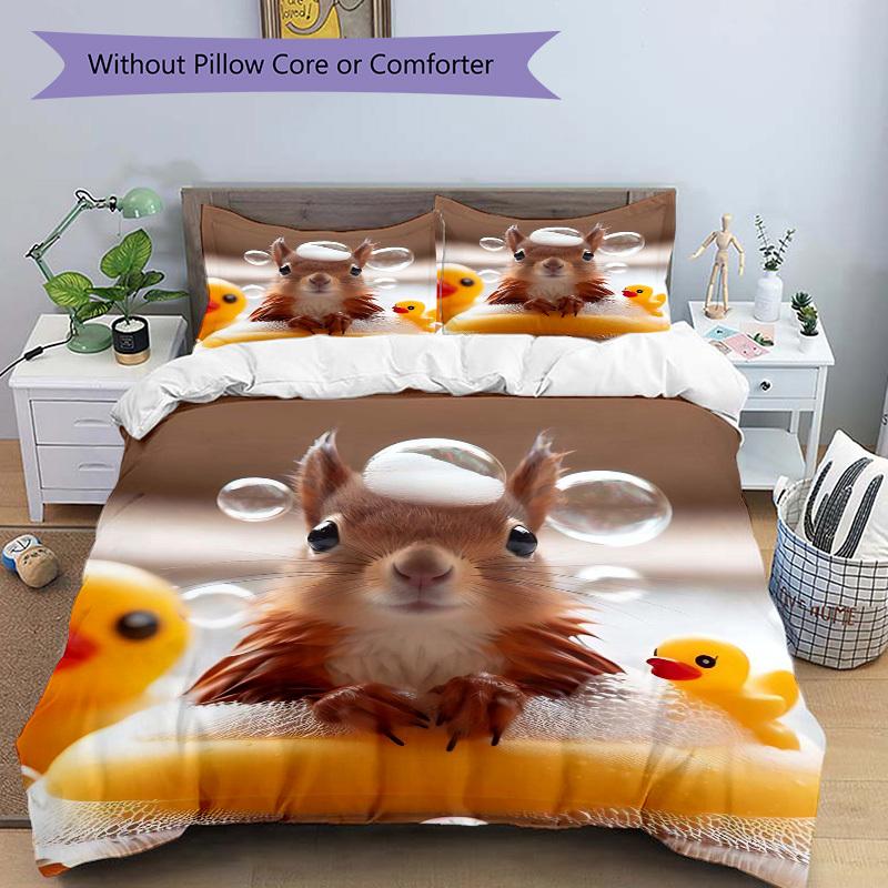 3pcs Anime Squirrel with Duck Bath Time Bedding Set - Includes One Quilt Cover and Two Pillowcases (No Core) - Polyester Fabric - Suitable f